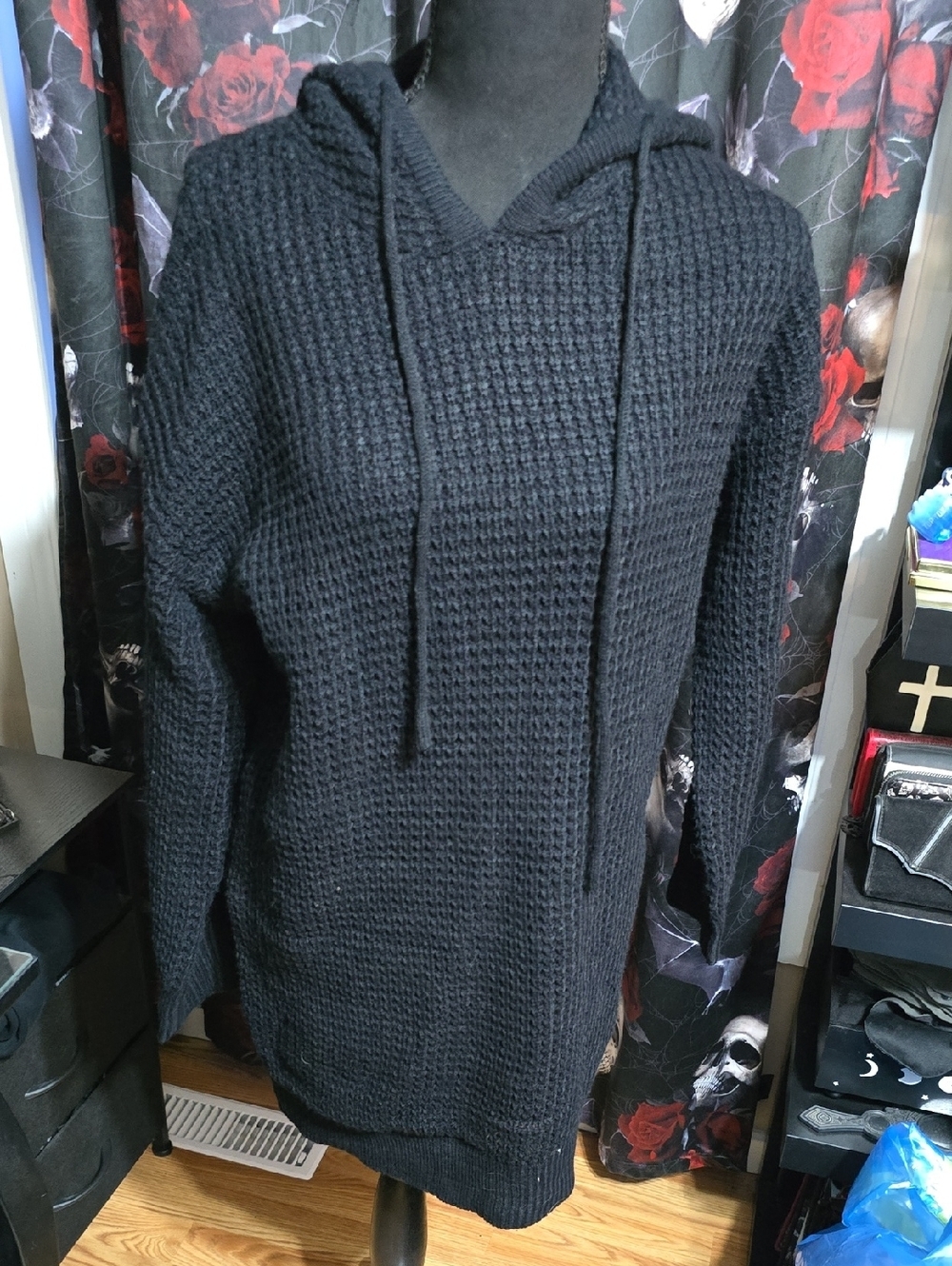 Black Waffle Knit LONG Hoodie